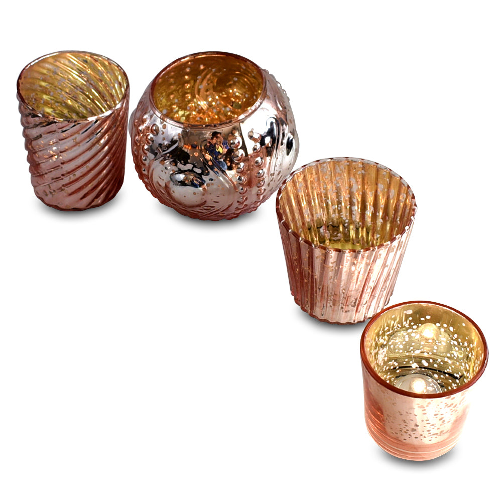 Royal Flush Mercury Glass Tealight Votive Candle Holders (Rose Gold Pink, Set of 4, Assorted Designs and Sizes) - for Weddings, Events, Parties, and Home Décor, Ideal Housewarming Gift - PaperLanternStore.com - Paper Lanterns, Decor, Party Lights &amp; More