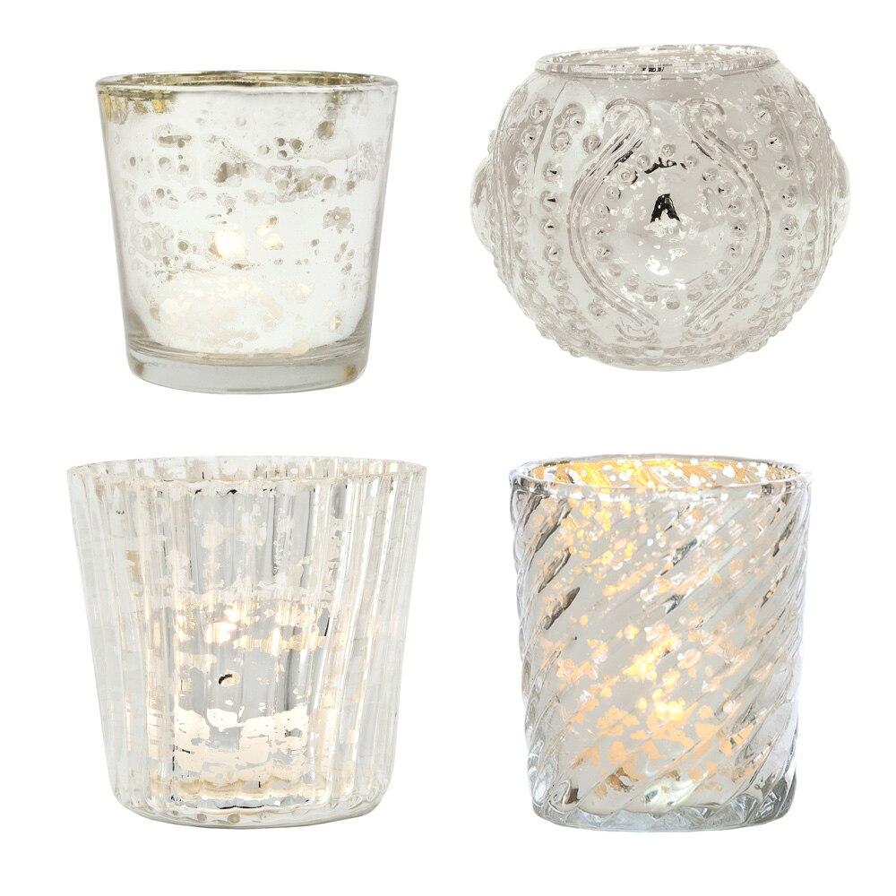 Royal Flush Mercury Glass Tealight Votive Candle Holders (Silver, Set of 4, Assorted Designs and Sizes) - for Weddings, Events, Parties, and Home Décor, Ideal Housewarming Gift