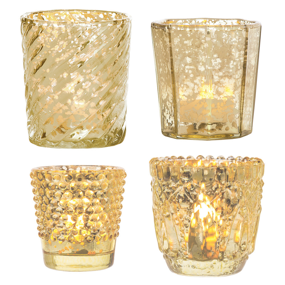 Vintage Chic Mercury Glass Tealight Votive Candle Holders (Gold, Set of 4, Assorted Designs and Sizes) - Weddings, Events, Parties, and Home Décor - PaperLanternStore.com - Paper Lanterns, Decor, Party Lights &amp; More