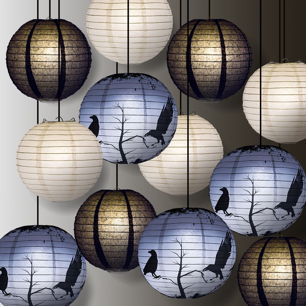 Halloween 12-Piece Black Crows Paper Lantern Party Pack Set, Assorted Hanging Decoration - PaperLanternStore.com - Paper Lanterns, Decor, Party Lights &amp; More