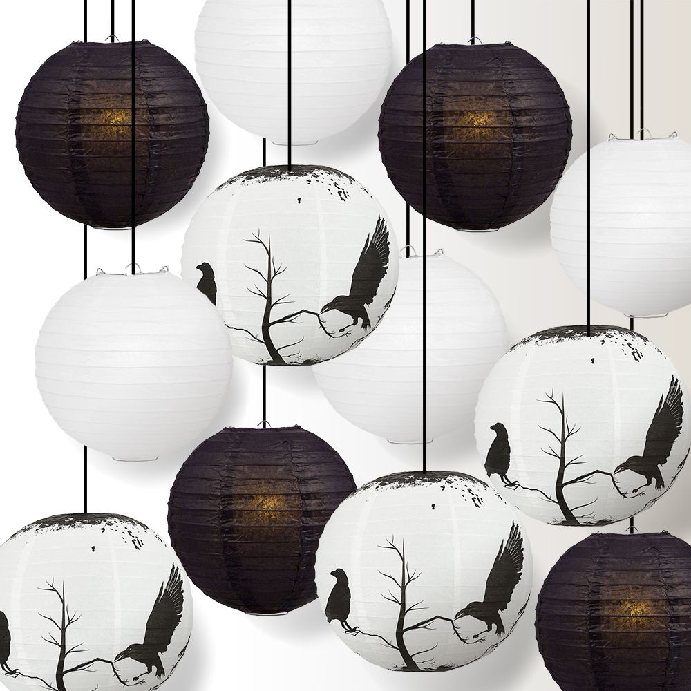 Halloween 12-Piece Black Crows Paper Lantern Party Pack Set, Assorted Hanging Decoration - PaperLanternStore.com - Paper Lanterns, Decor, Party Lights & More