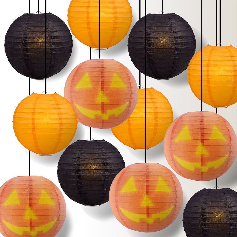 Halloween 12-Piece Jack-o-Lantern Pumpkin Paper Lantern Party Pack Set, Assorted Hanging Decoration - PaperLanternStore.com - Paper Lanterns, Decor, Party Lights &amp; More