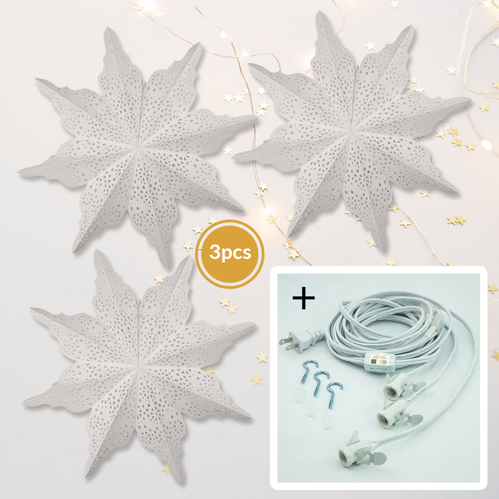 3-PACK + Cord | Bright White Cristallo 29" Pizzelle Designer Illuminated Paper Star Lanterns and Lamp Cord Hanging Decorations - PaperLanternStore.com - Paper Lanterns, Decor, Party Lights & More