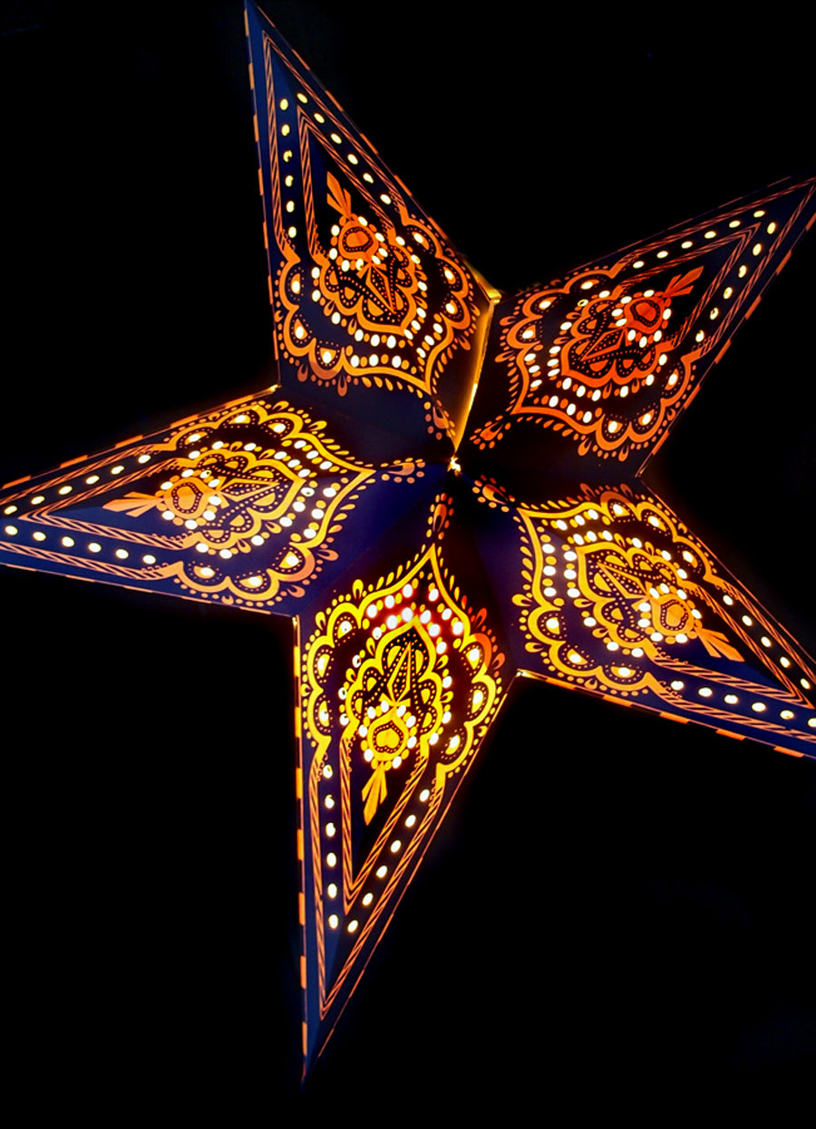 24&quot; Blue on Yellow Mehandi Paper Star Lantern, Chinese Hanging Wedding &amp; Party Decoration - PaperLanternStore.com - Paper Lanterns, Decor, Party Lights &amp; More