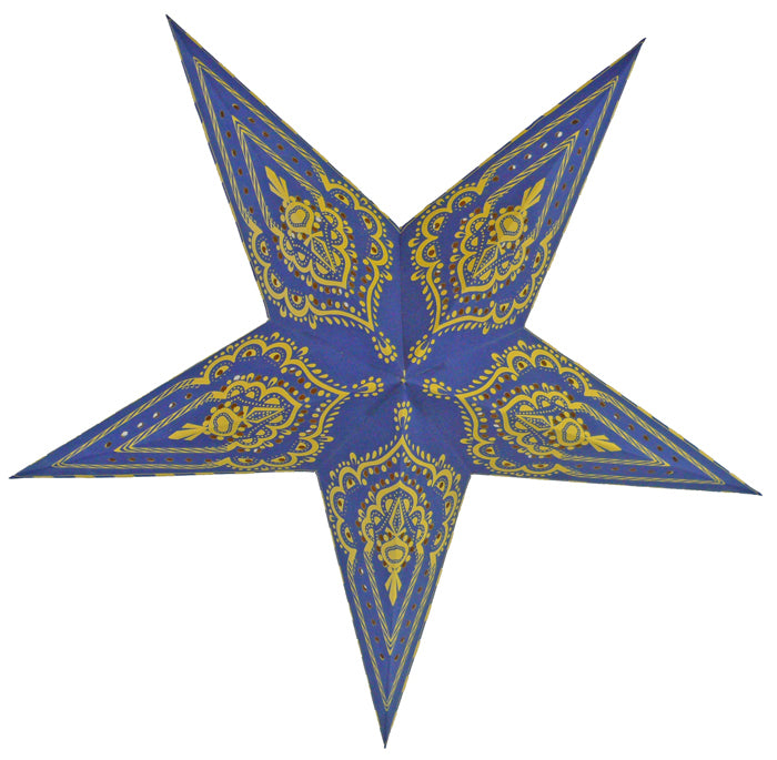 24&quot; Blue on Yellow Mehandi Paper Star Lantern, Chinese Hanging Wedding &amp; Party Decoration - PaperLanternStore.com - Paper Lanterns, Decor, Party Lights &amp; More