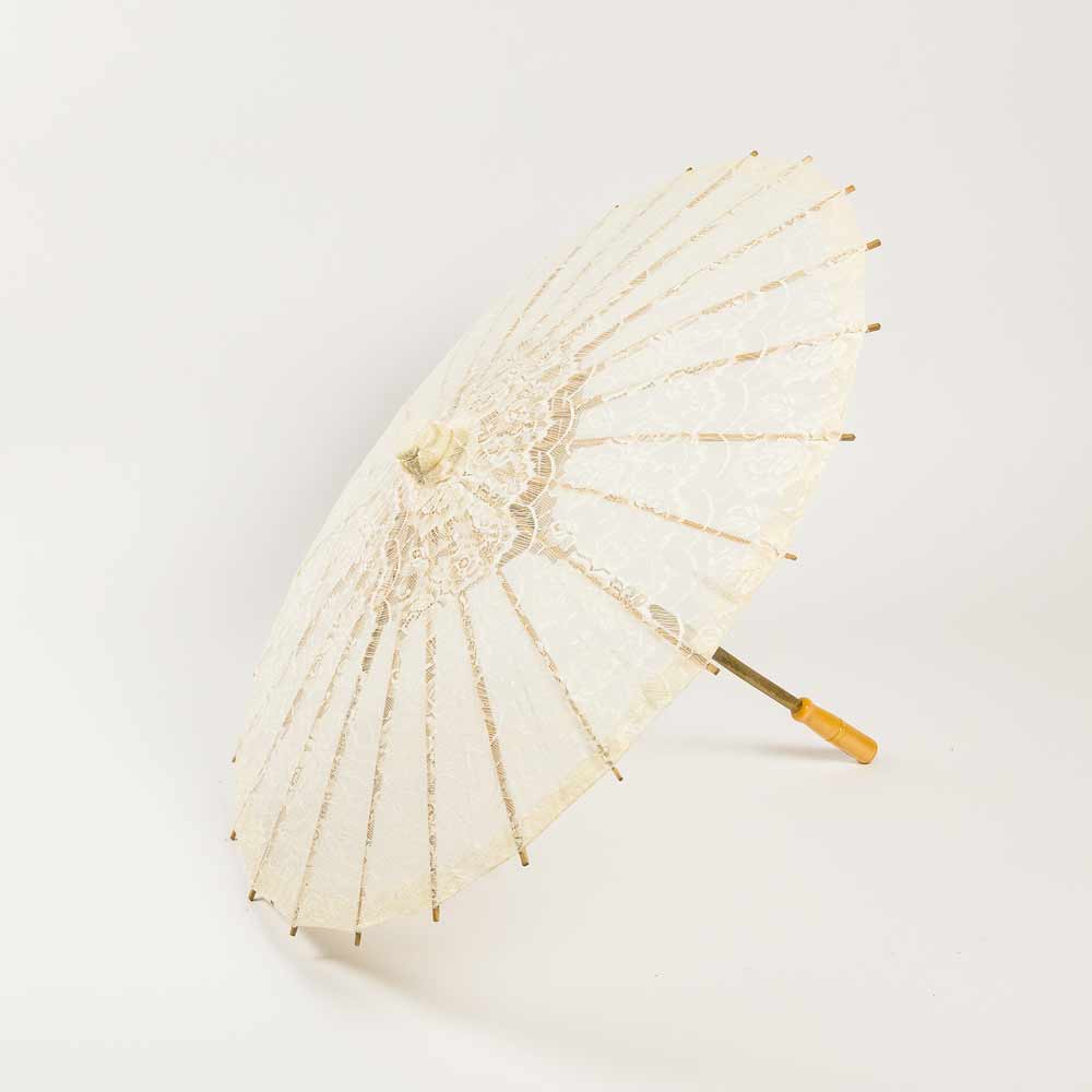 28&quot; Beige / Ivory Lace Cotton Fabric Bamboo Parasol Umbrella - PaperLanternStore.com - Paper Lanterns, Decor, Party Lights &amp; More