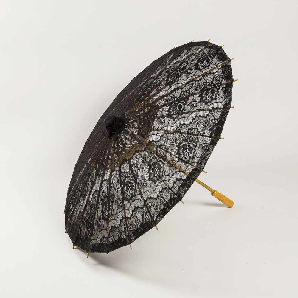 28&quot; Black Lace Cotton Fabric Bamboo Parasol Umbrella - PaperLanternStore.com - Paper Lanterns, Decor, Party Lights &amp; More