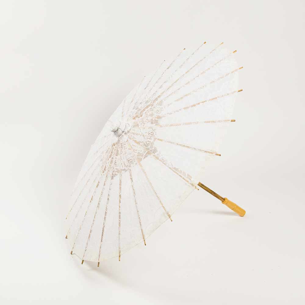 28&quot; White Lace Cotton Fabric Bamboo Parasol Umbrella - PaperLanternStore.com - Paper Lanterns, Decor, Party Lights &amp; More