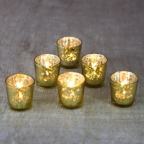 24 Pack | Vintage Mercury Glass Candle Holders (2.5-Inch, Lila Design, Liquid Motif, Gold) - For Use with Tea Lights - For Parties, Weddings and Homes - PaperLanternStore.com - Paper Lanterns, Decor, Party Lights &amp; More