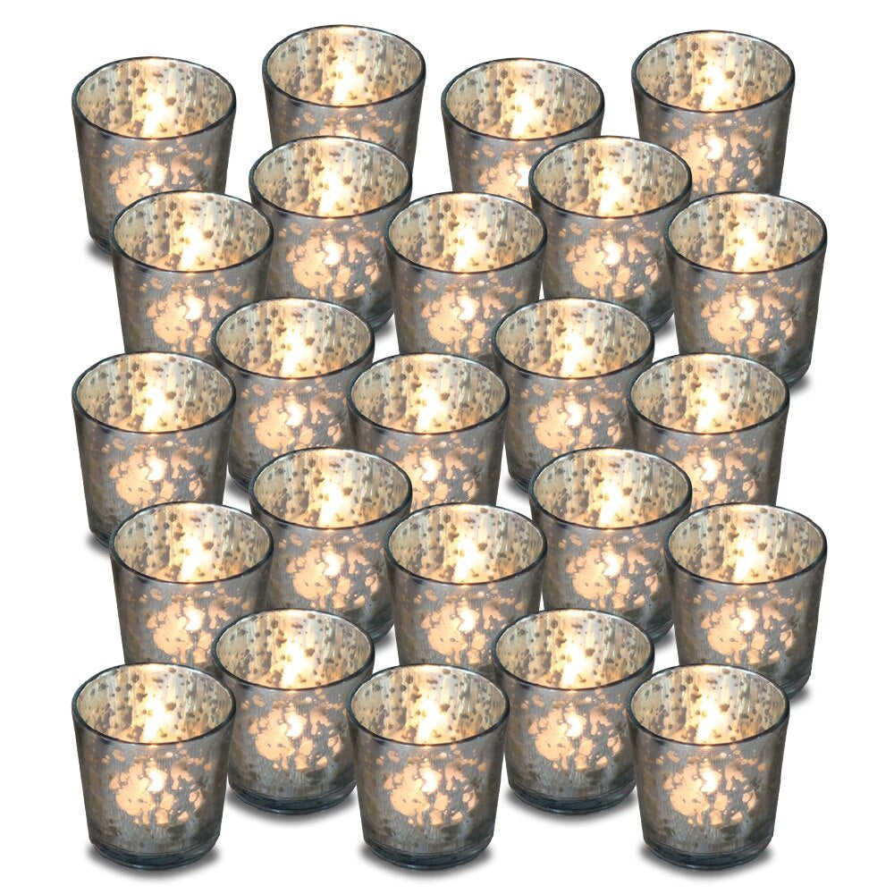 24 Pack | Vintage Mercury Glass Candle Holders (2.5-Inch, Lila Design, Liquid Motif, Silver) - For Use with Tea Lights - For Parties, Weddings and Homes - PaperLanternStore.com - Paper Lanterns, Decor, Party Lights &amp; More