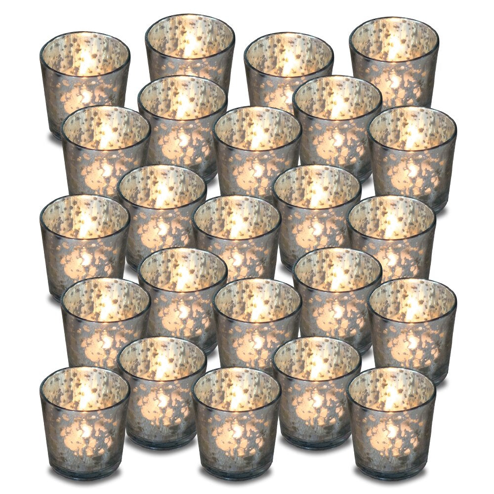 24 Pack | Vintage Mercury Glass Candle Holders (2.5-Inch, Lila Design, Liquid Motif, Silver) - For Use with Tea Lights - For Parties, Weddings and Homes - PaperLanternStore.com - Paper Lanterns, Decor, Party Lights & More