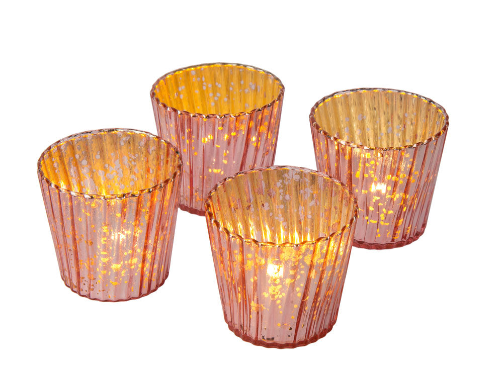 24 Pack | Vintage Mercury Glass Candle Holders (3-Inch, Caroline Design, Vertical Motif, Rose Gold Pink) - For use with Tea Lights - Home Decor, Parties and Wedding Decorations - PaperLanternStore.com - Paper Lanterns, Decor, Party Lights &amp; More