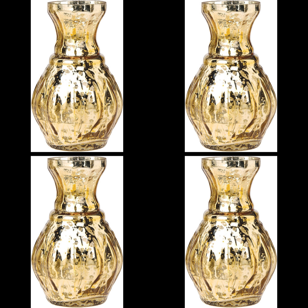4 Pack | Vintage Mercury Glass Vase (4-Inch, Bernadette Mini Ribbed Design, Gold) - Decorative Flower Vase - For Home Decor and Wedding Centerpieces - PaperLanternStore.com - Paper Lanterns, Decor, Party Lights &amp; More