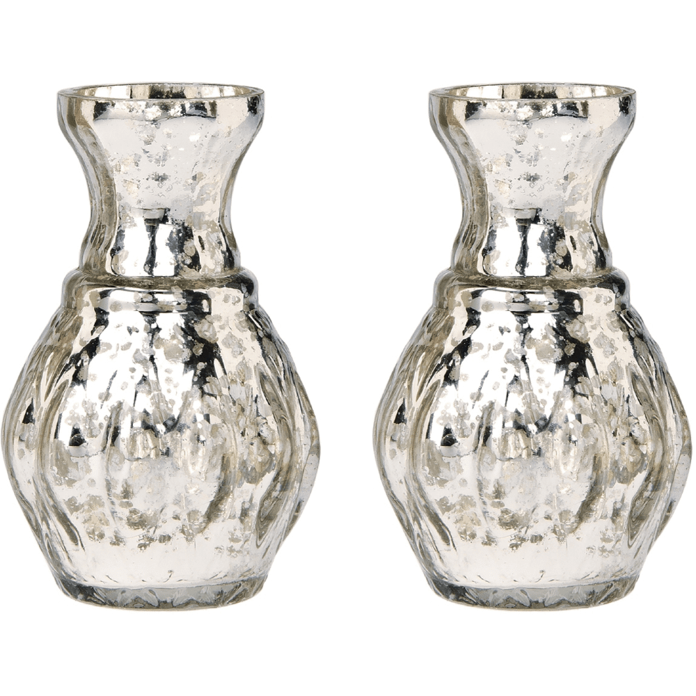 2 PACK | Vintage Mercury Glass Vase (4-Inch, Bernadette Mini Ribbed Design, Silver) - Decorative Flower Vase - PaperLanternStore.com - Paper Lanterns, Decor, Party Lights & More