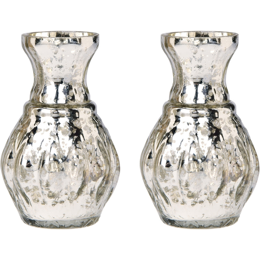 4 Pack | Vintage Mercury Glass Vase (4-Inch, Bernadette Mini Ribbed Design, Silver) - Decorative Flower Vase - For Home Decor and Wedding Centerpieces - PaperLanternStore.com - Paper Lanterns, Decor, Party Lights &amp; More