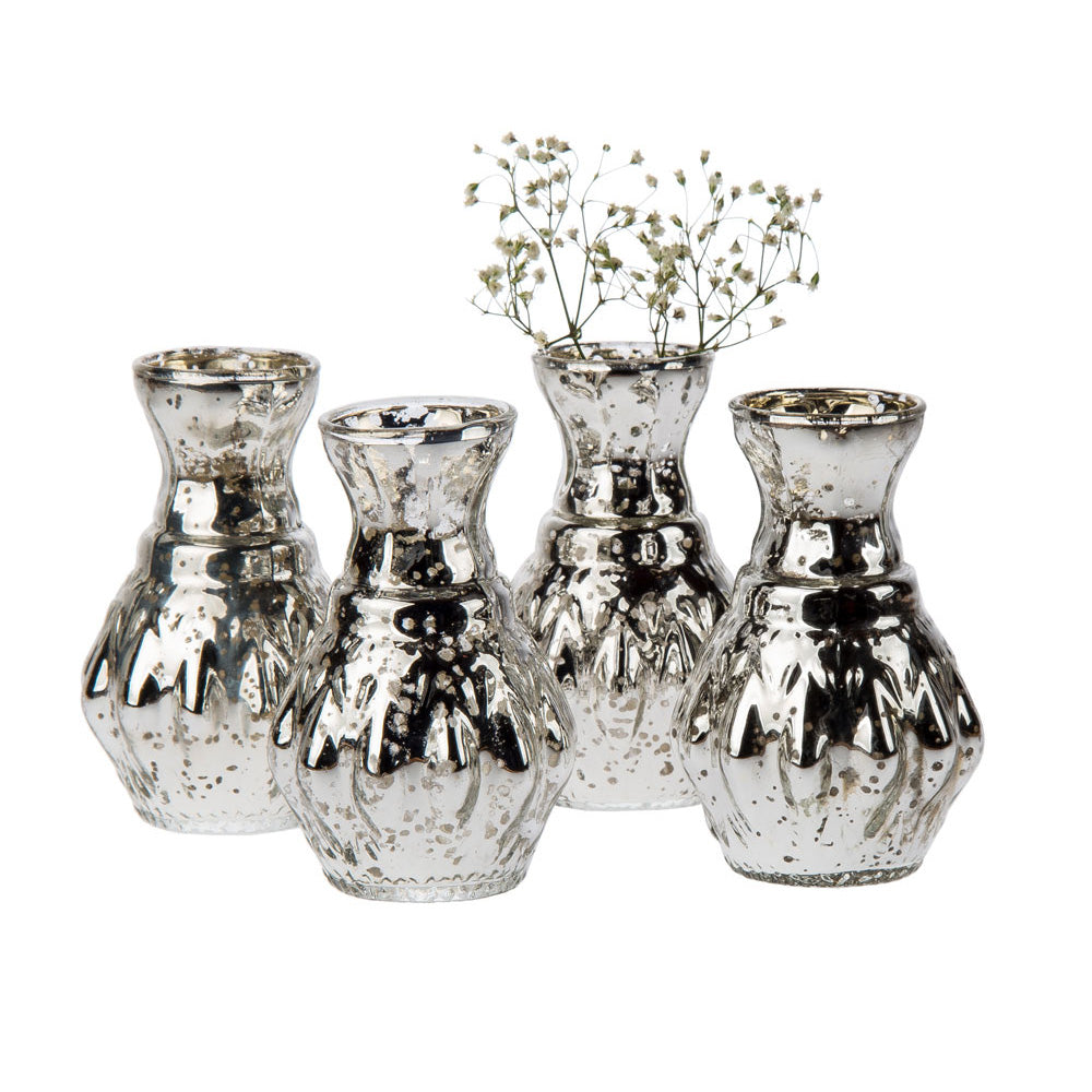 4 Pack | Vintage Mercury Glass Vase (4-Inch, Bernadette Mini Ribbed Design, Silver) - Decorative Flower Vase - For Home Decor and Wedding Centerpieces - PaperLanternStore.com - Paper Lanterns, Decor, Party Lights & More