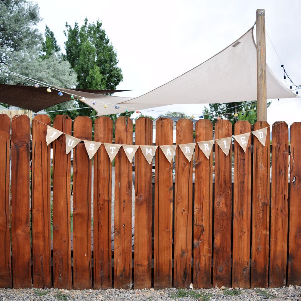 Just Married Wedding Burlap Triangle Flag Pennant Banner (12 Ft) - PaperLanternStore.com - Paper Lanterns, Decor, Party Lights &amp; More