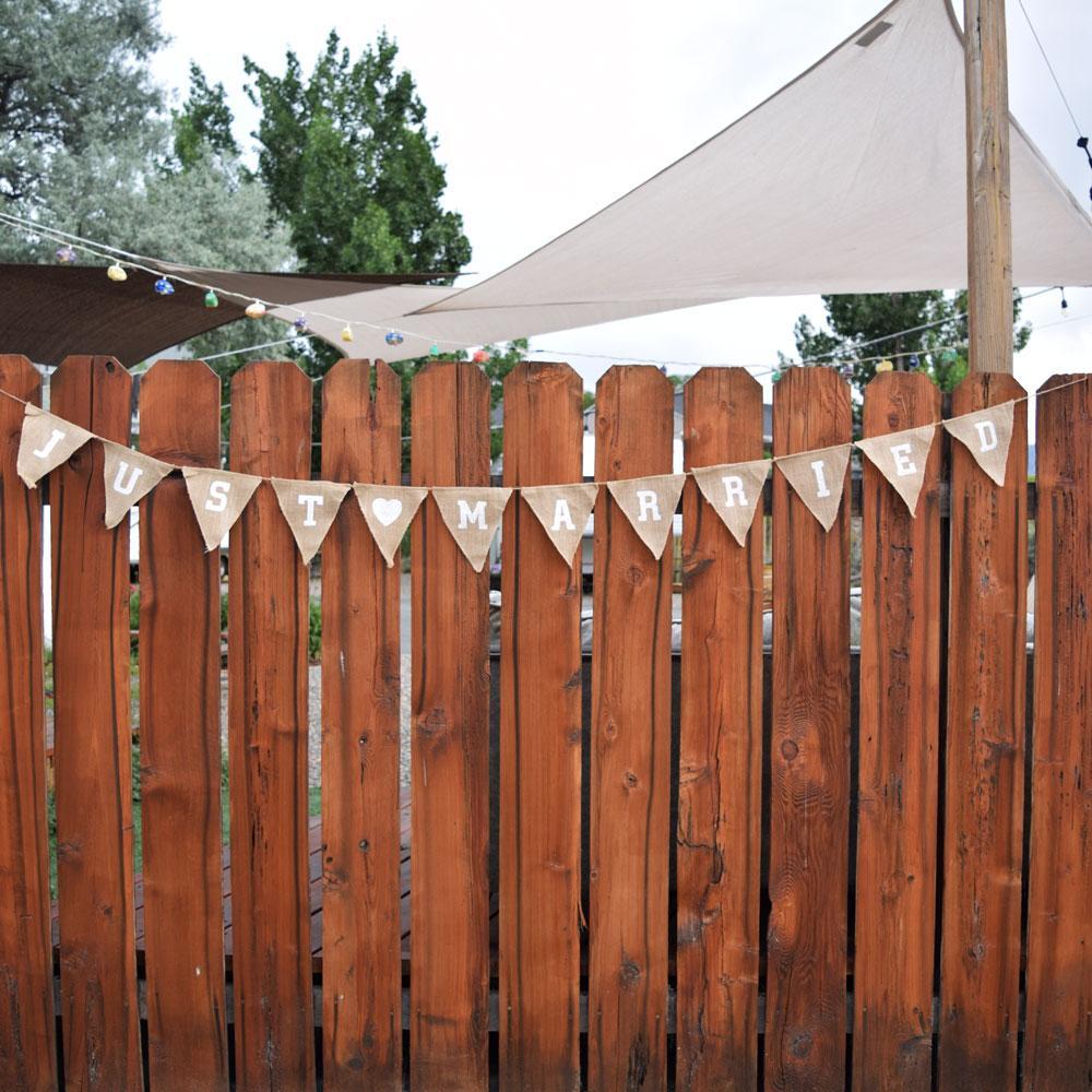 Just Married Wedding Burlap Triangle Flag Pennant Banner (12 Ft) - PaperLanternStore.com - Paper Lanterns, Decor, Party Lights &amp; More