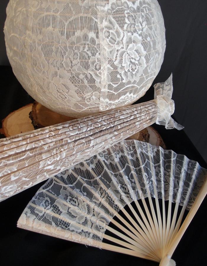 9&quot; Beige / Ivory Lace Fabric Bamboo Hand Fan for Weddings - PaperLanternStore.com - Paper Lanterns, Decor, Party Lights &amp; More