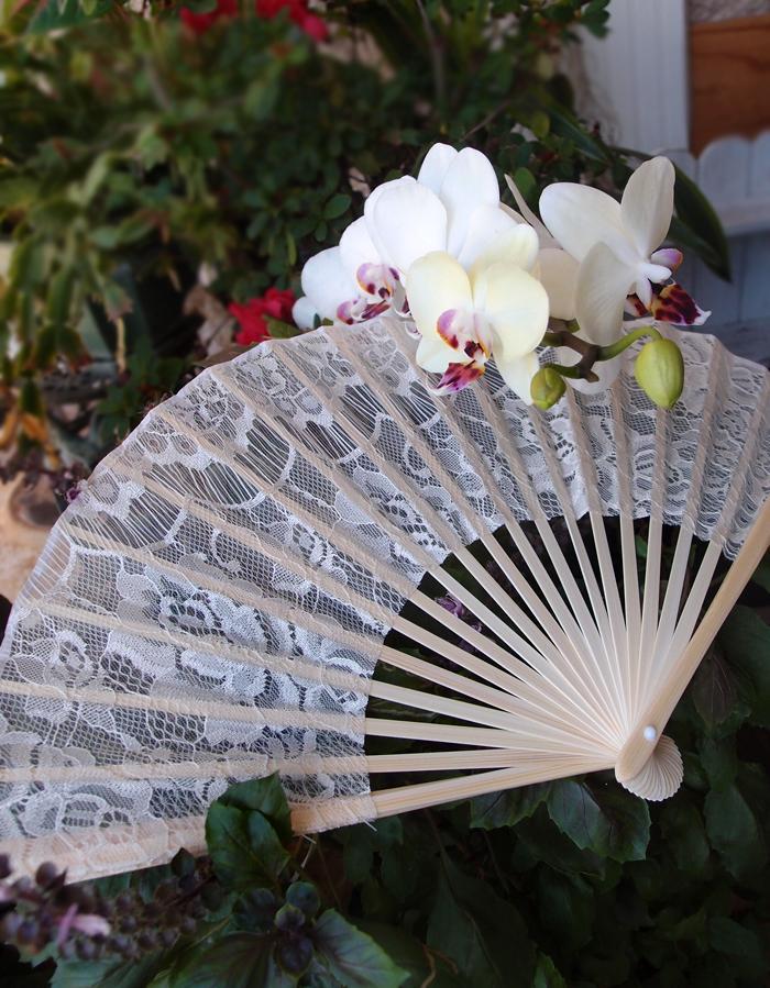 9&quot; White Lace Fabric Bamboo Hand Fan for Weddings - PaperLanternStore.com - Paper Lanterns, Decor, Party Lights &amp; More