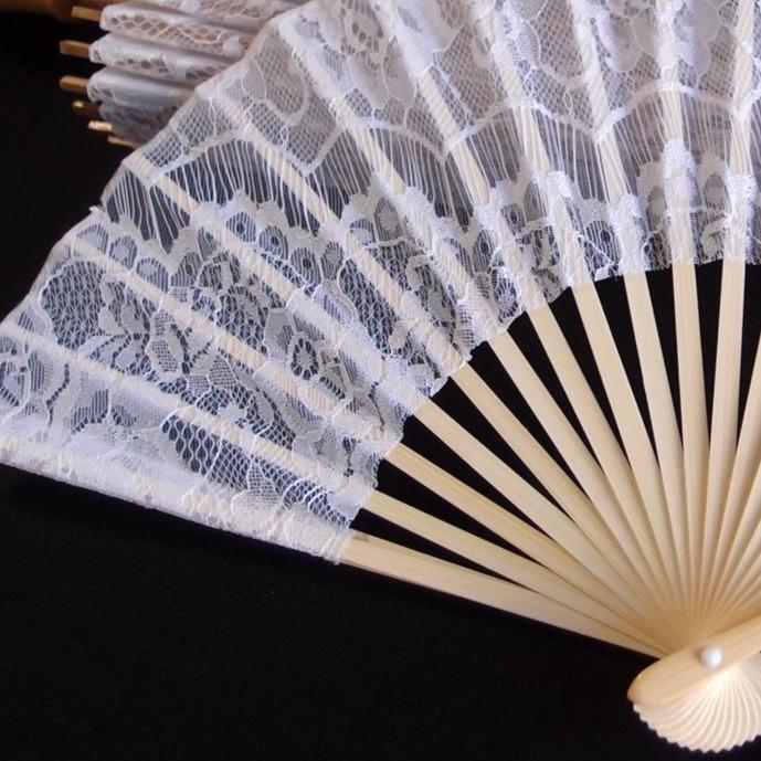 9" White Lace Fabric Bamboo Hand Fan for Weddings - PaperLanternStore.com - Paper Lanterns, Decor, Party Lights & More