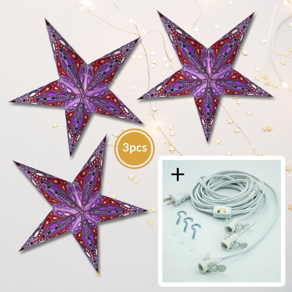 3-PACK + Cord | Purple Dahlia 24" Illuminated Paper Star Lanterns and Lamp Cord Hanging Decorations - PaperLanternStore.com - Paper Lanterns, Decor, Party Lights & More