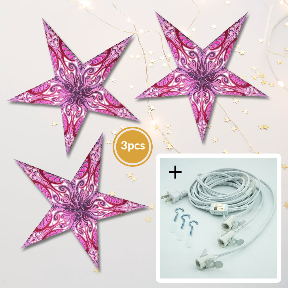 3-PACK + Cord | Orchid Purple Splash 24&quot; Illuminated Paper Star Lanterns and Lamp Cord Hanging Decorations - PaperLanternStore.com - Paper Lanterns, Decor, Party Lights &amp; More