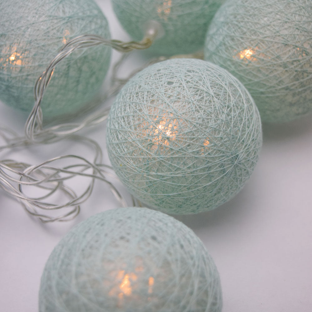 5.5 FT | 10 LED Battery Operated Arctic Spa Blue Round Cotton Ball String Lights With Timer - PaperLanternStore.com - Paper Lanterns, Decor, Party Lights &amp; More