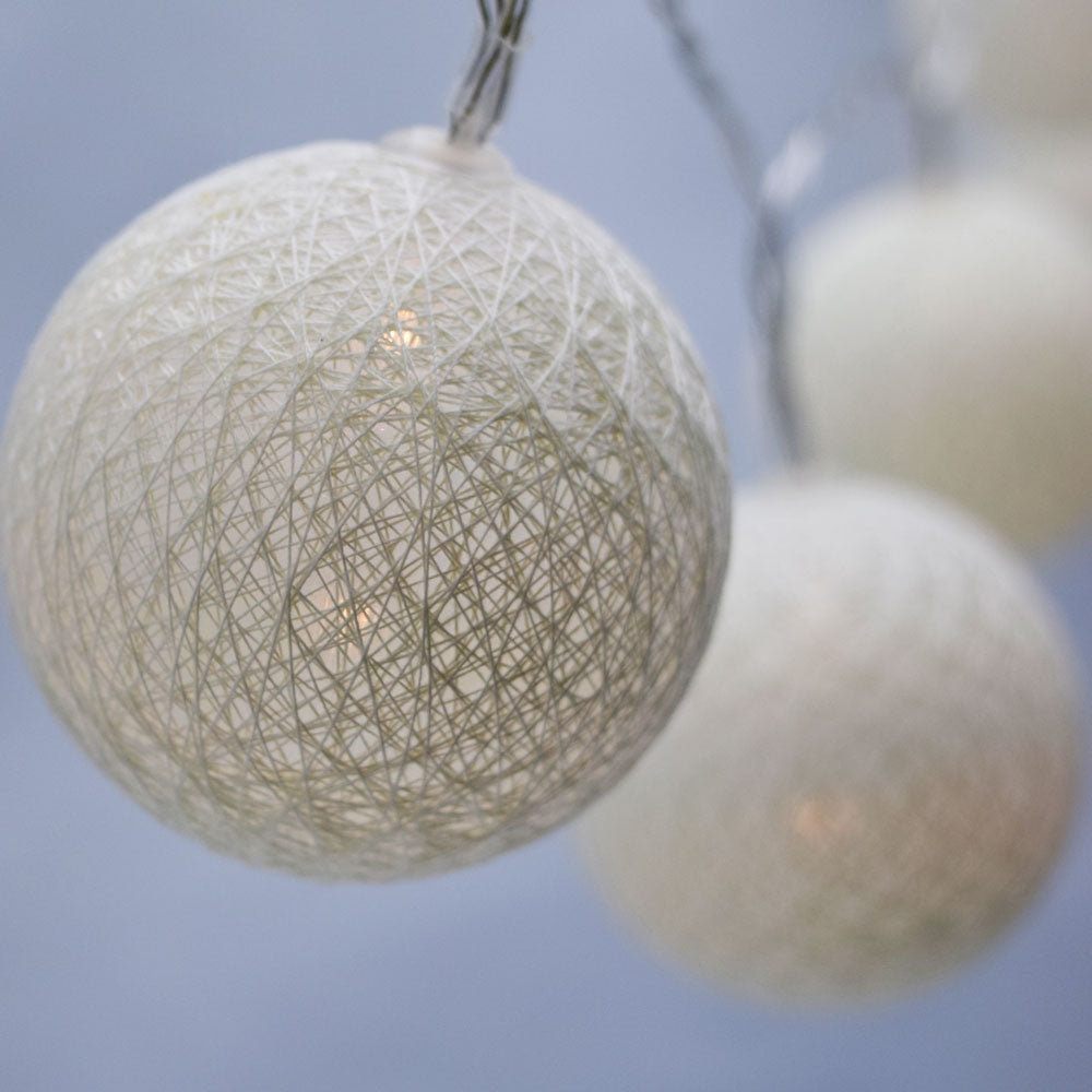 5.5 FT | 10 LED Battery Operated Beige Round Cotton Ball String Lights With Timer - PaperLanternStore.com - Paper Lanterns, Decor, Party Lights &amp; More