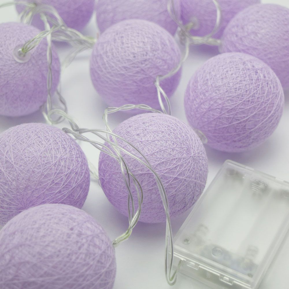 5.5 FT|10 LED Battery Operated Lavender Round Cotton Ball String Lights With Timer from PaperLanternStore at the Best Bulk Wholesale Prices