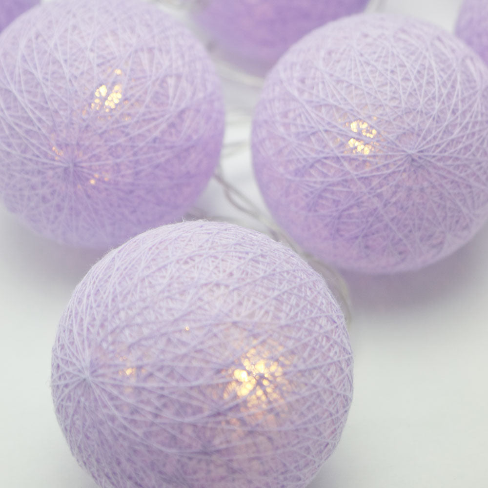 5.5 FT | 10 LED Battery Operated Lavender Round Cotton Ball String Lights With Timer - PaperLanternStore.com - Paper Lanterns, Decor, Party Lights &amp; More