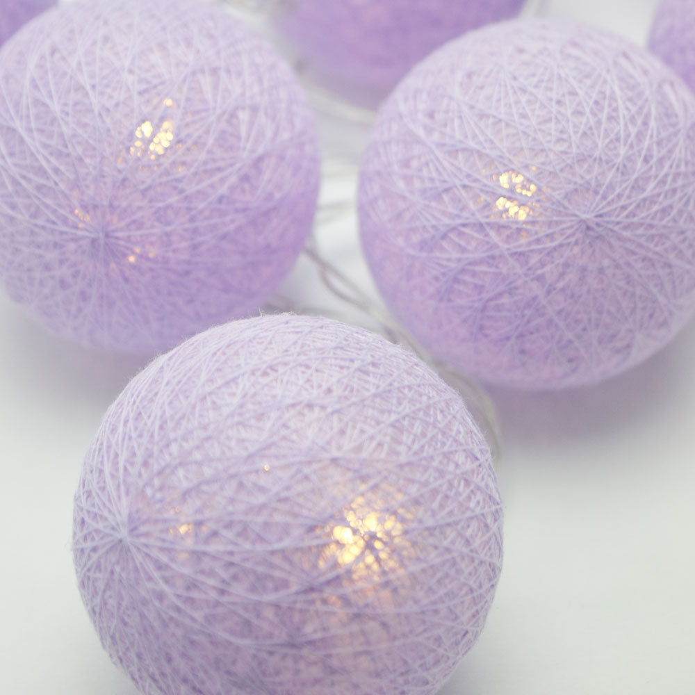 5.5 FT | 10 LED Battery Operated Lavender Round Cotton Ball String Lights With Timer - PaperLanternStore.com - Paper Lanterns, Decor, Party Lights & More