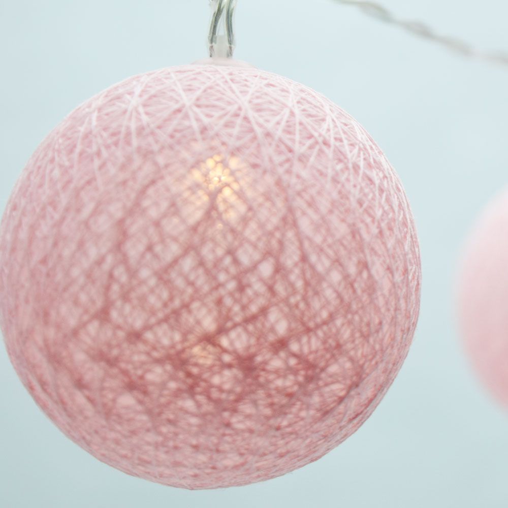 5.5 FT | 10 LED Battery Operated Pink Round Cotton Ball String Lights With Timer - PaperLanternStore.com - Paper Lanterns, Decor, Party Lights &amp; More