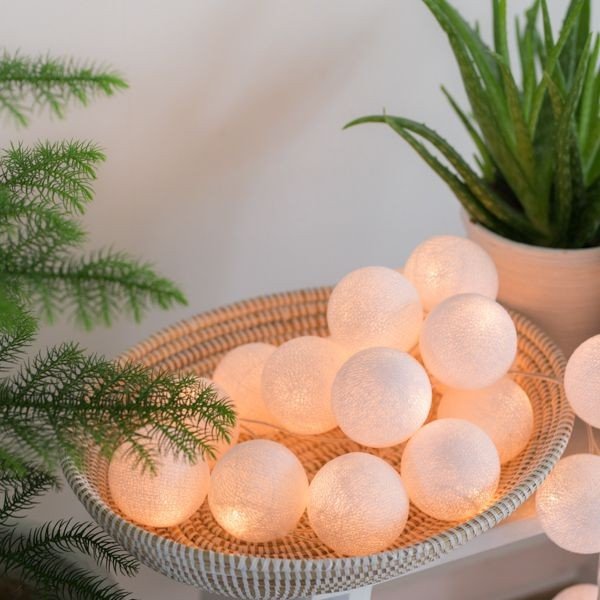 5.5 FT | 10 LED Battery Operated White Round Cotton Ball String Lights With Timer - PaperLanternStore.com - Paper Lanterns, Decor, Party Lights &amp; More