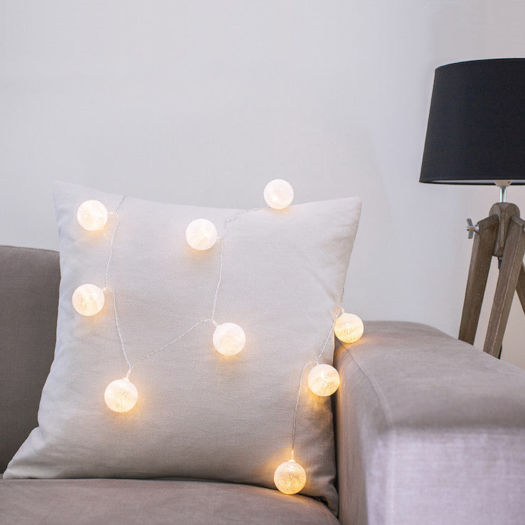 5.5 FT | 10 LED Battery Operated White Round Cotton Ball String Lights With Timer - PaperLanternStore.com - Paper Lanterns, Decor, Party Lights &amp; More