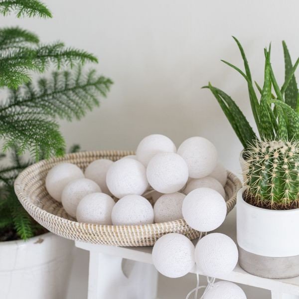 5.5 FT | 10 LED Battery Operated White Round Cotton Ball String Lights With Timer - PaperLanternStore.com - Paper Lanterns, Decor, Party Lights &amp; More