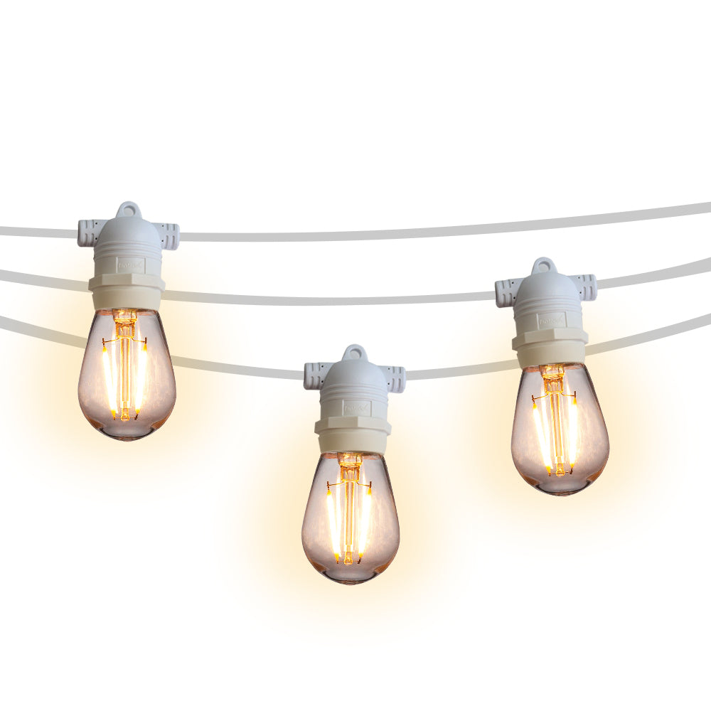 Fantado 24 Socket Outdoor Commercial String Light Set 54 ft White Cord w 2 Watt Shatterproof LED Bulbs Weatherproof SJTW 2 Prong