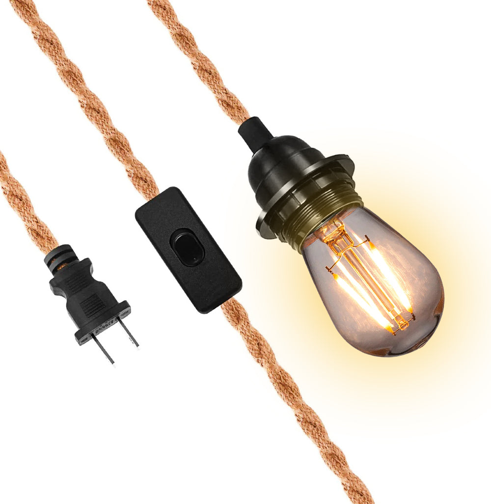 15FT Jute Rope Pendant Light Lamp, Switch, with LED Bulbs and Lamp Cord Light Included
