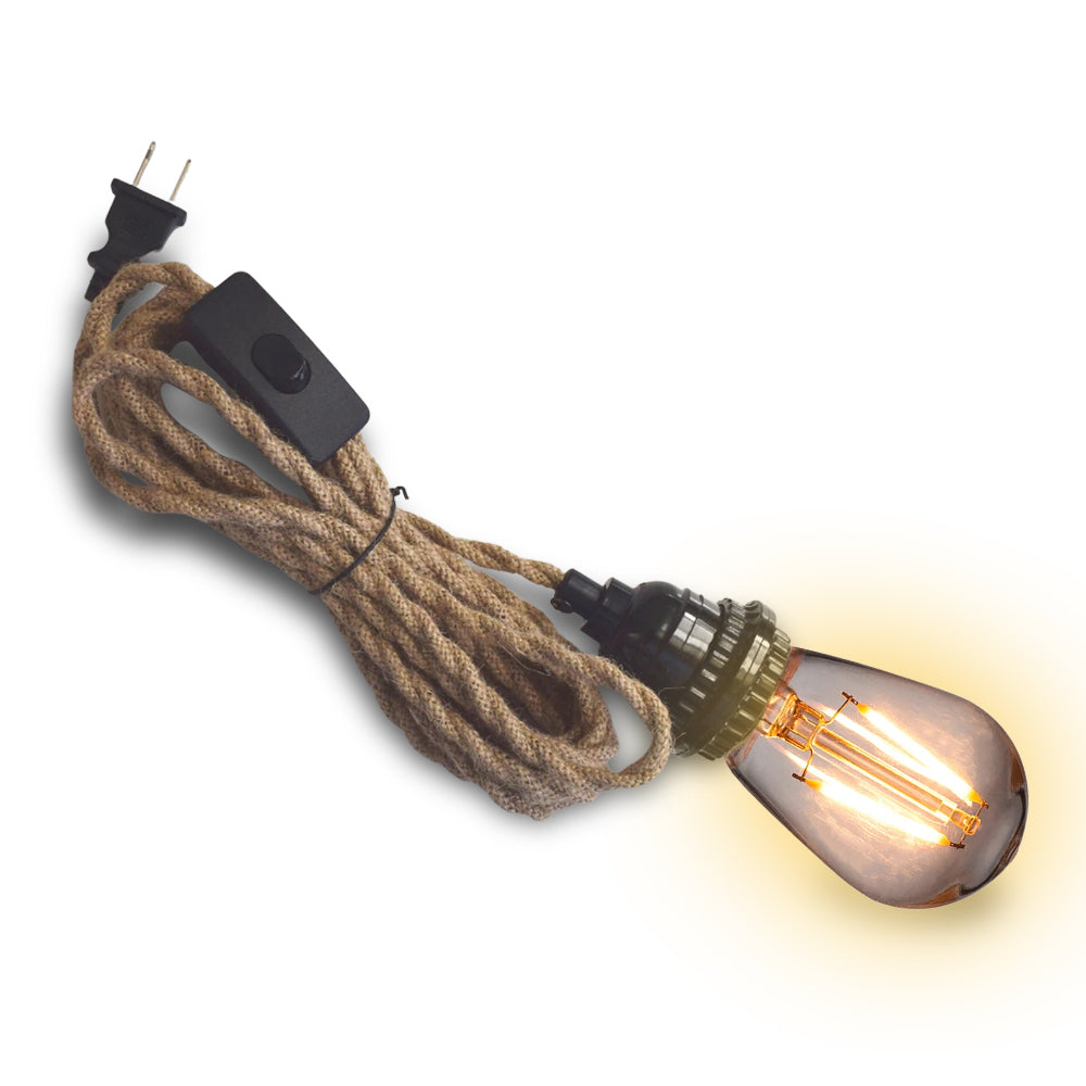 15FT Jute Rope Pendant Light Lamp, Switch, with LED Bulbs and Lamp Cord Light Included