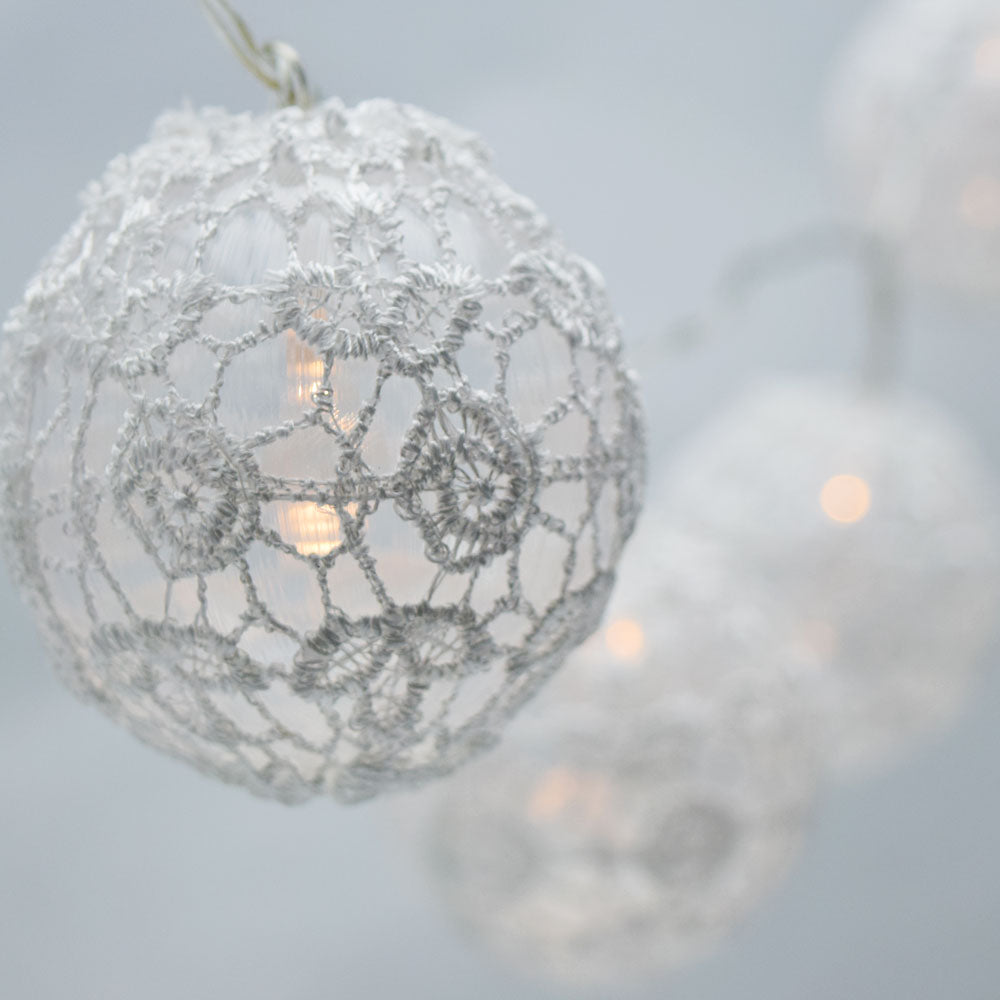 10 LED White Round Lace Fabric Ball String Light, 5.5 FT, Battery Operated - PaperLanternStore.com - Paper Lanterns, Decor, Party Lights & More