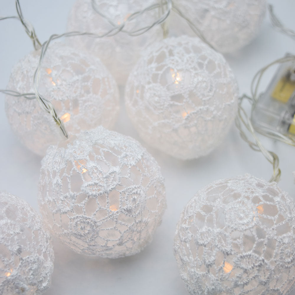 10 LED White Round Lace Fabric Ball String Light, 5.5 FT, Battery Operated - PaperLanternStore.com - Paper Lanterns, Decor, Party Lights &amp; More