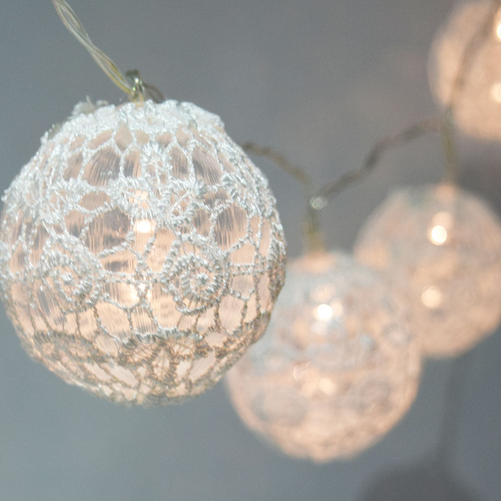 10 LED White Round Lace Fabric Ball String Light, 5.5 FT, Battery Operated - PaperLanternStore.com - Paper Lanterns, Decor, Party Lights &amp; More