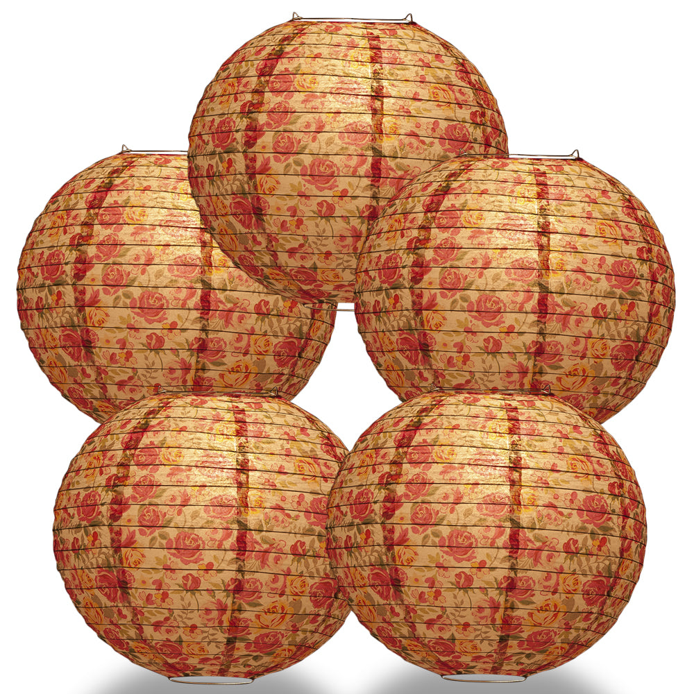 5 PACK | 14&quot; Liberty Print Fuchsia Rose Floral Pattern Paper Lantern, Design by Esper - PaperLanternStore.com - Paper Lanterns, Decor, Party Lights &amp; More