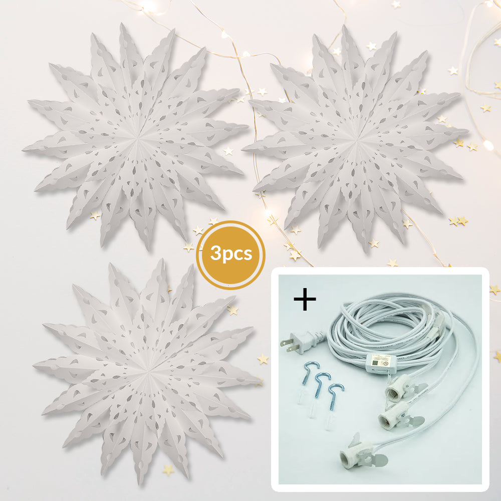 3-PACK + Cord | Bright White Blizzard Wreath 22&quot; Pizzelle Designer Illuminated Paper Star Lanterns and Lamp Cord Hanging Decorations - PaperLanternStore.com - Paper Lanterns, Decor, Party Lights &amp; More