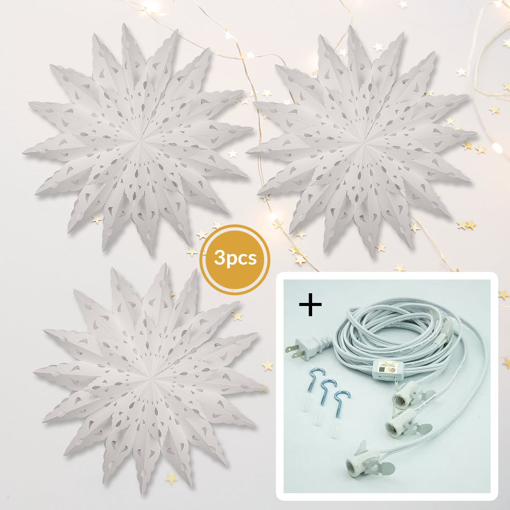 3-PACK + Cord | Bright White Blizzard Wreath 22" Pizzelle Designer Illuminated Paper Star Lanterns and Lamp Cord Hanging Decorations - PaperLanternStore.com - Paper Lanterns, Decor, Party Lights & More