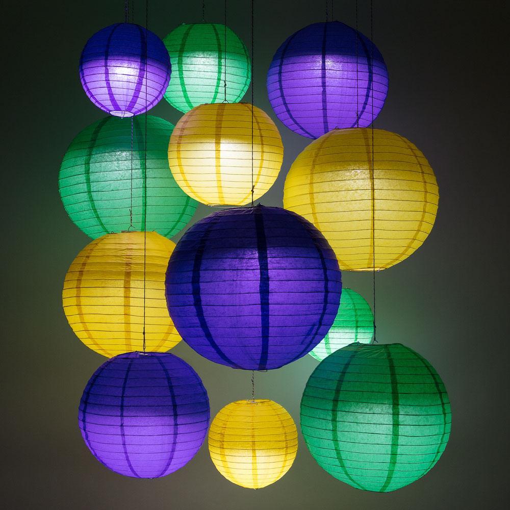 12-pc Mardi Gras Carnaval Colorful Paper Lantern Combo Hanging Decoration Party Pack (No Lighting Included) - PaperLanternStore.com - Paper Lanterns, Decor, Party Lights & More