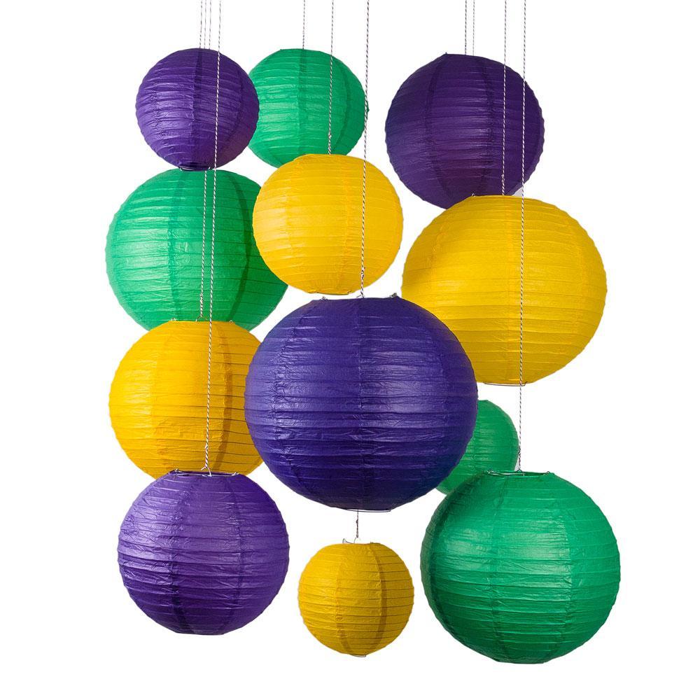 12-pc Mardi Gras Carnaval Colorful Paper Lantern Combo Hanging Decoration Party Pack (No Lighting Included) - PaperLanternStore.com - Paper Lanterns, Decor, Party Lights & More