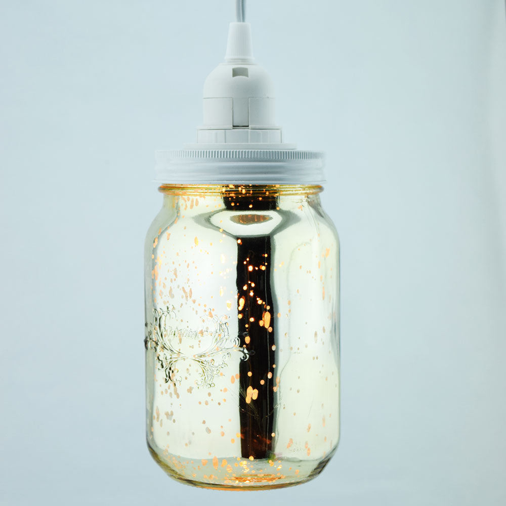 Gold Mercury Glass Mason Jar Pendant Light Kit, Regular Mouth, White Cord, 15FT - PaperLanternStore.com - Paper Lanterns, Decor, Party Lights &amp; More