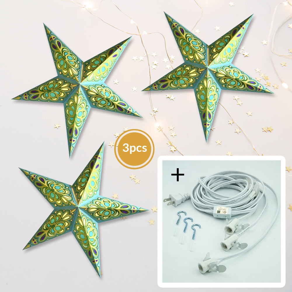 3-PACK + Cord | Green / Turquoise Merry Glitter 24&quot; Illuminated Paper Star Lanterns and Lamp Cord Hanging Decorations - PaperLanternStore.com - Paper Lanterns, Decor, Party Lights &amp; More