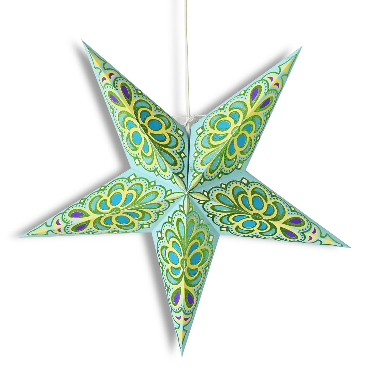 3-PACK + Cord | Green / Turquoise Merry Glitter 24&quot; Illuminated Paper Star Lanterns and Lamp Cord Hanging Decorations - PaperLanternStore.com - Paper Lanterns, Decor, Party Lights &amp; More